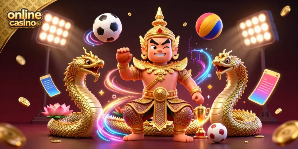 Engaging scene highlighting online casinos with a golden-armored guardian and dynamic gaming elements.