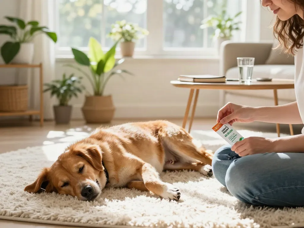 Calming Dog Treats improving relaxation for pets in a cozy home setting with nurturing elements.