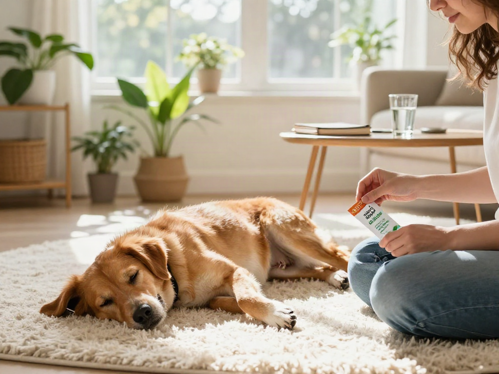 Calming Dog Treats improving relaxation for pets in a cozy home setting with nurturing elements.