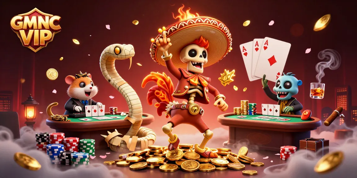 Engage with GMNC VIP's vibrant gaming scene featuring rich casino elements and playful characters.