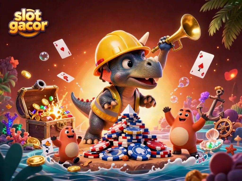 Slot gacor dengan triceratops membangun tumpukan chip poker, di bawah cahaya warna-warni.