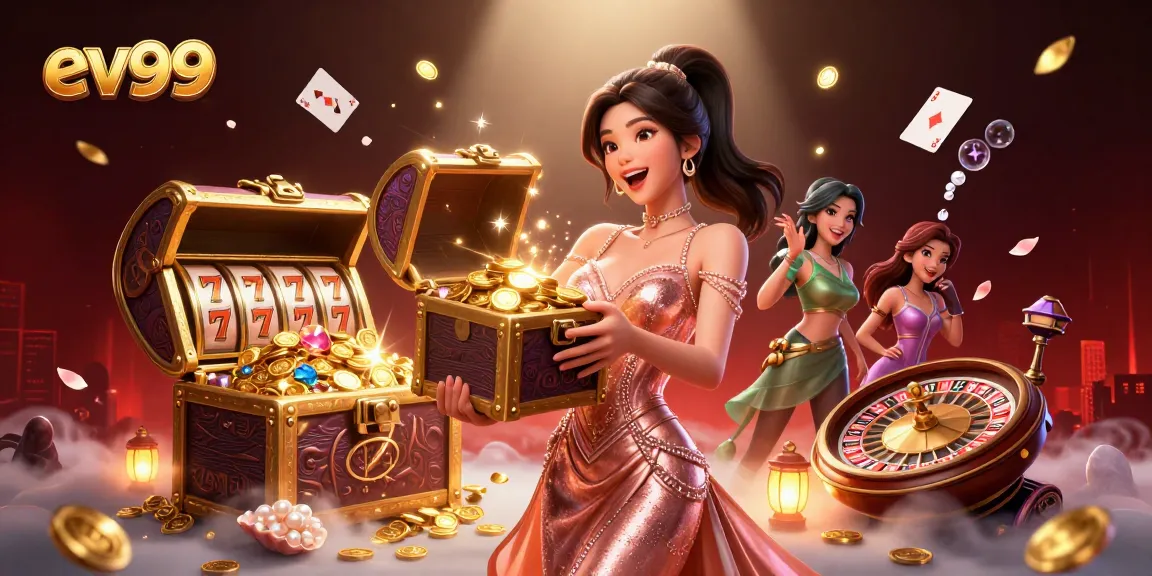 ev99 showcases a thrilling casino scene with a joyful Asian woman presenting treasures amidst gold coins and slot machines.