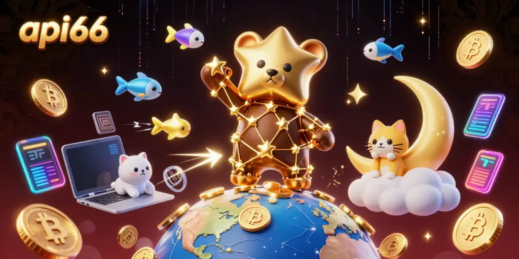Experience the thrilling action of api66 with golden stars, crypto elements, and exciting visuals.