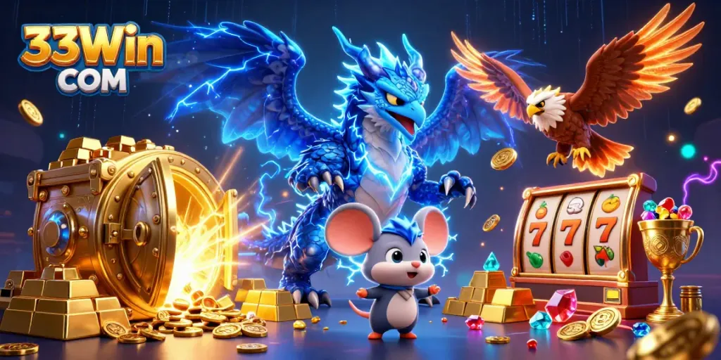 Win big at 33Win COM with vibrant casino elements and engaging characters in an exciting 3D scene.