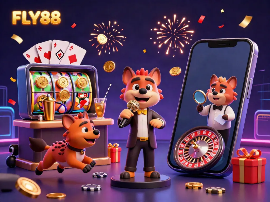 Experience laughter and excitement with FLY88, a lively comedy casino scene featuring performing hyenas.