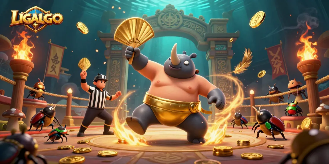 Experience the excitement of LIGALGO through a dynamic illustration with a sumo champion beetle amidst flying coins and vibrant casino elements.