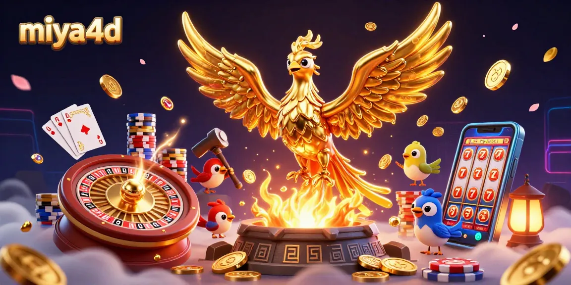 Miya4d showcases a vivid 3D scene filled with gold coins, a phoenix, and casino elements.