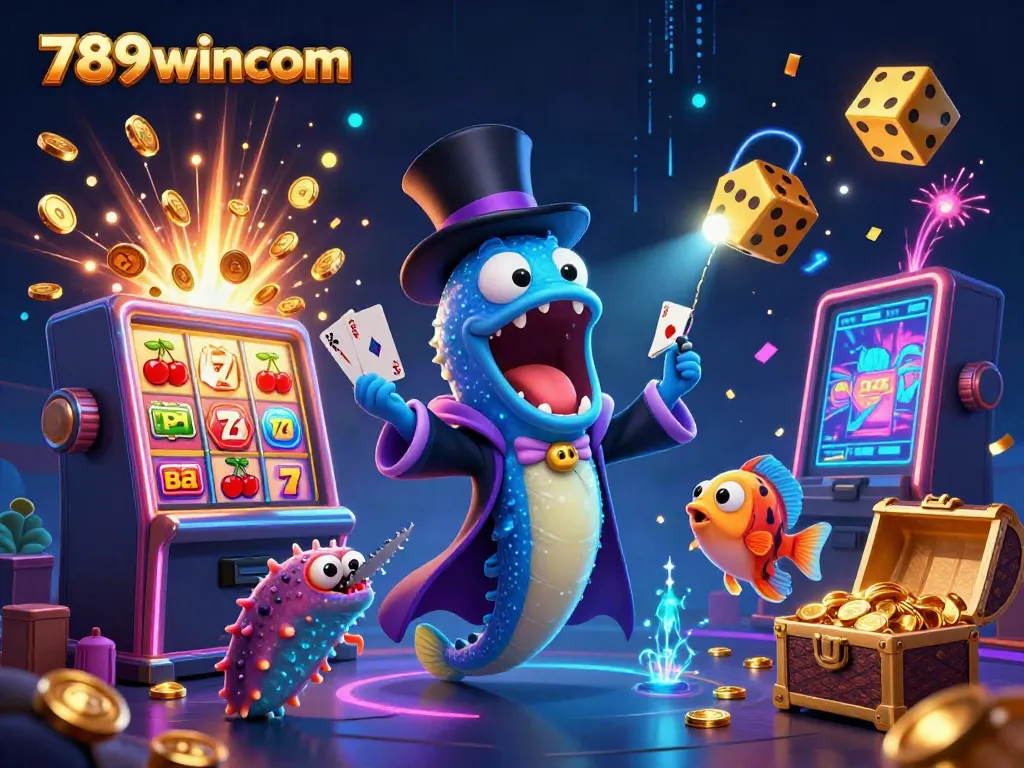 Watch the bioluminescent gulper eel perform thrilling card tricks at 789wincom, surrounded by dazzling casino elements.