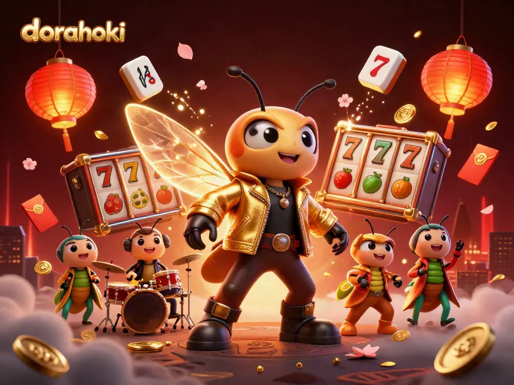 Menghasilkan kemenangan dengan dorahoki, perayaan kasino penuh warna dengan cicada bintang dan permainan slot.