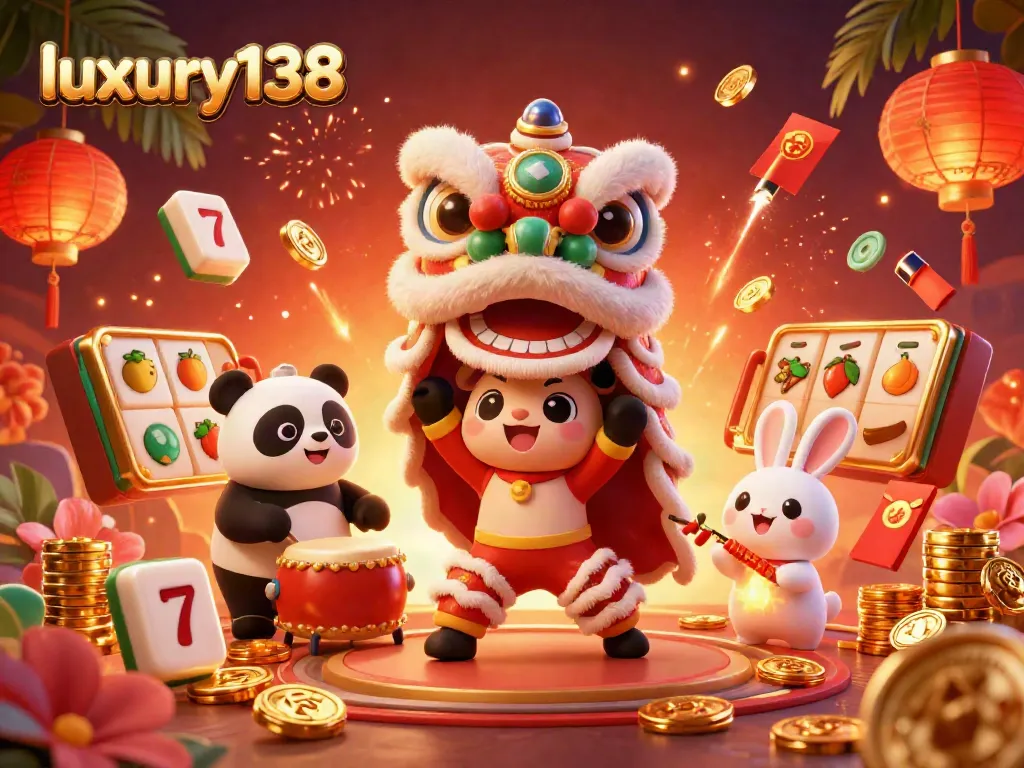 Experience the thrill of luxury138 slots with vibrant characters and energetic casino elements filling the scene.