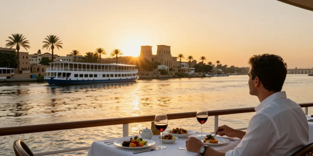 Nile River cruises offering travelers an elegant dining experience with stunning sunset views.