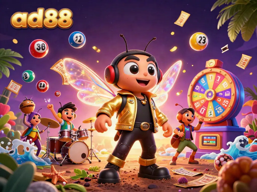 ad88 brings excitement to players with a vibrant casino scene featuring a rock star cicada and lively lottery visuals.