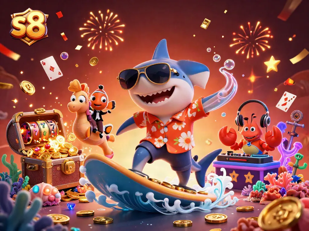 Experience the thrill of s8 with a colorful 3D scene featuring a shark surfing on gold coins at a vibrant underwater casino.
