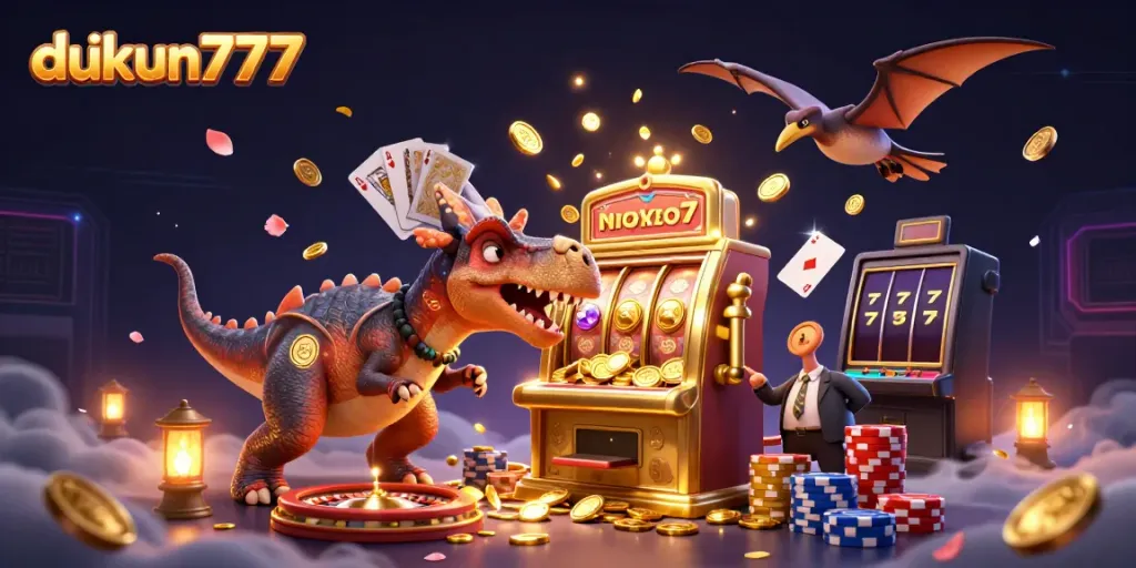 Experience the excitement of dukun777 as a pachycephalosaurus wins jackpot coins at a slot machine, with vibrant casino elements.