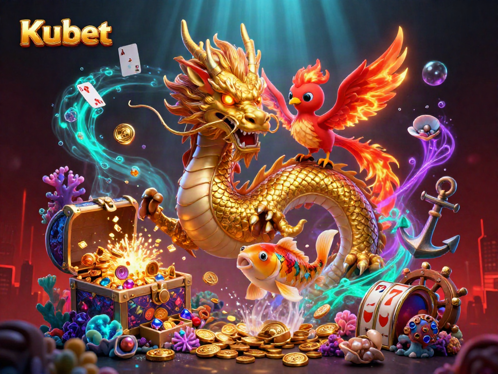 Kubet showcases thrilling casino elements with a dynamic fantasy scene featuring a dragon, phoenix, and koi fish.