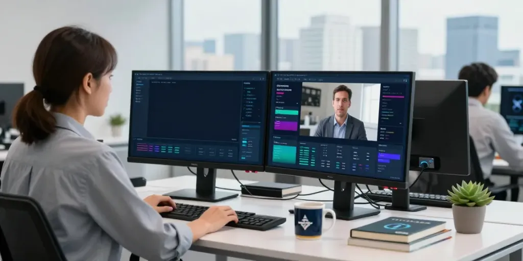 Cybersecurity news analysis in a modern office environment with monitors and real-time alerts.