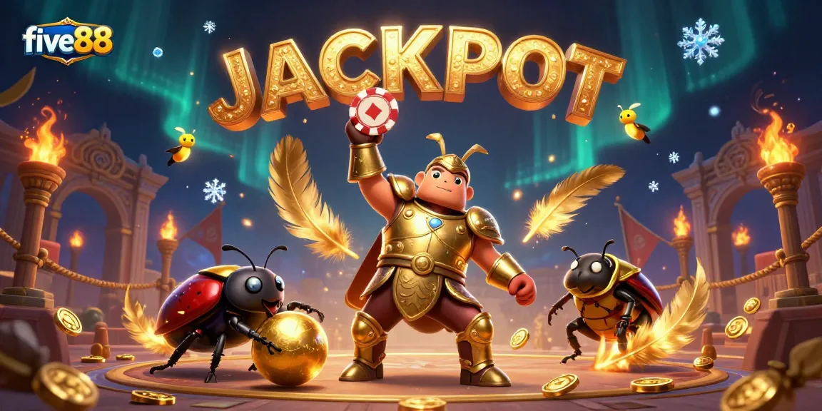 Experience massive wins at five88 with a victorious beetle holding a poker chip amidst vibrant casino elements.