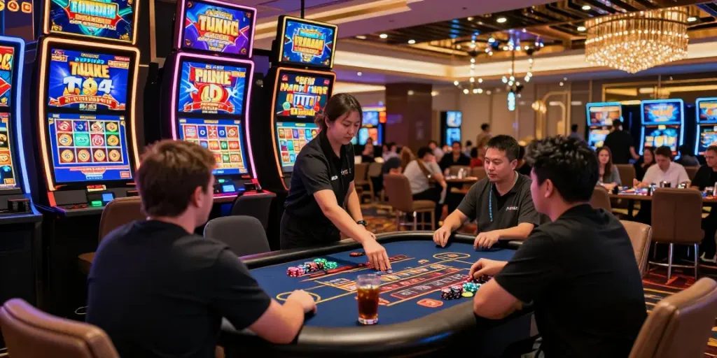 Engaging players at a PG电子 gaming table in a vibrant casino atmosphere.
