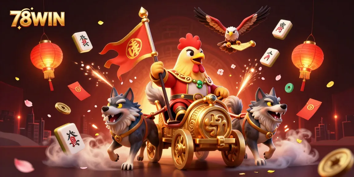Engage with 78WIN's thrilling casino experience featuring a rooster warlord in a vibrant, dynamic setting.