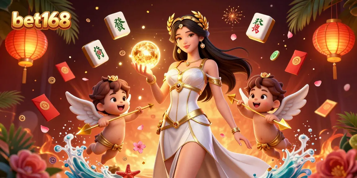Bet168 players enjoy a vibrant casino experience with a goddess and Cupid characters amidst magical game elements.