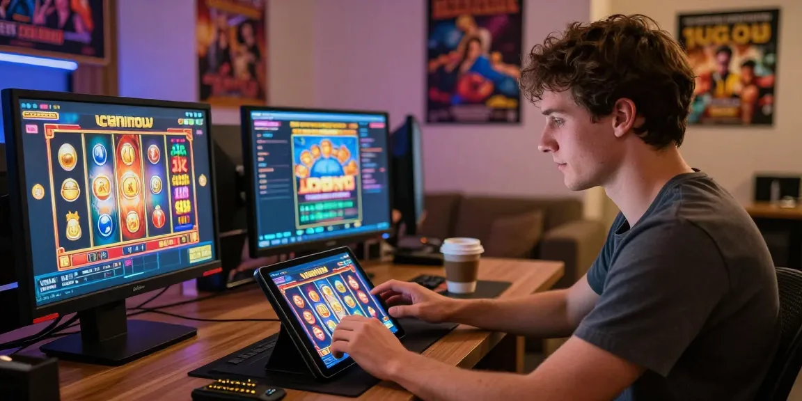 Online gaming enthusiast enjoying daftar slot games on a tablet in a vibrant home setup