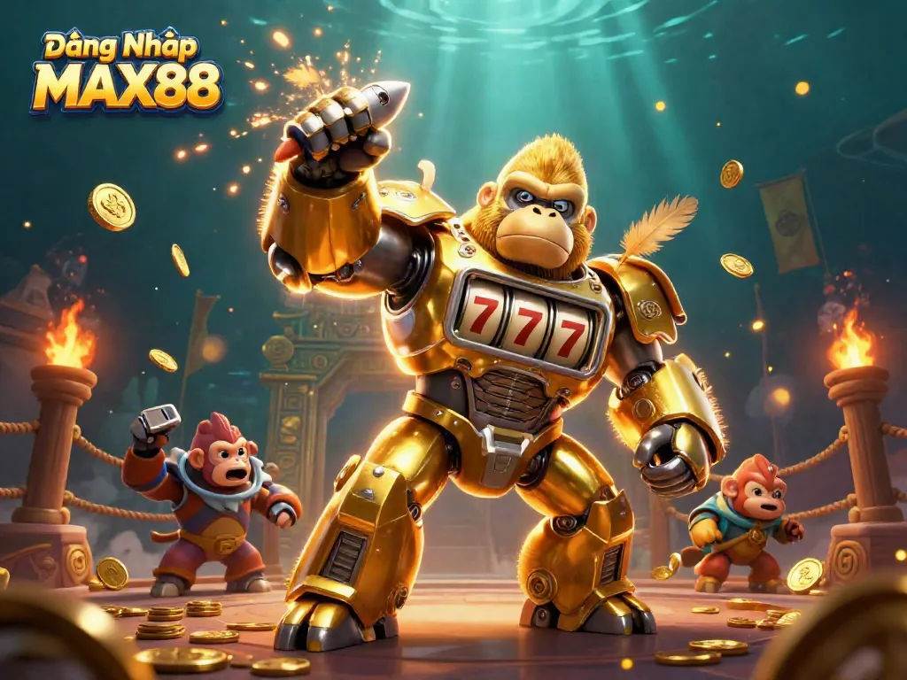 Experience the excitement of Đăng Nhập MAX88 with a vibrant 3D illustration featuring a golden gorilla mech transforming the casino scene.
