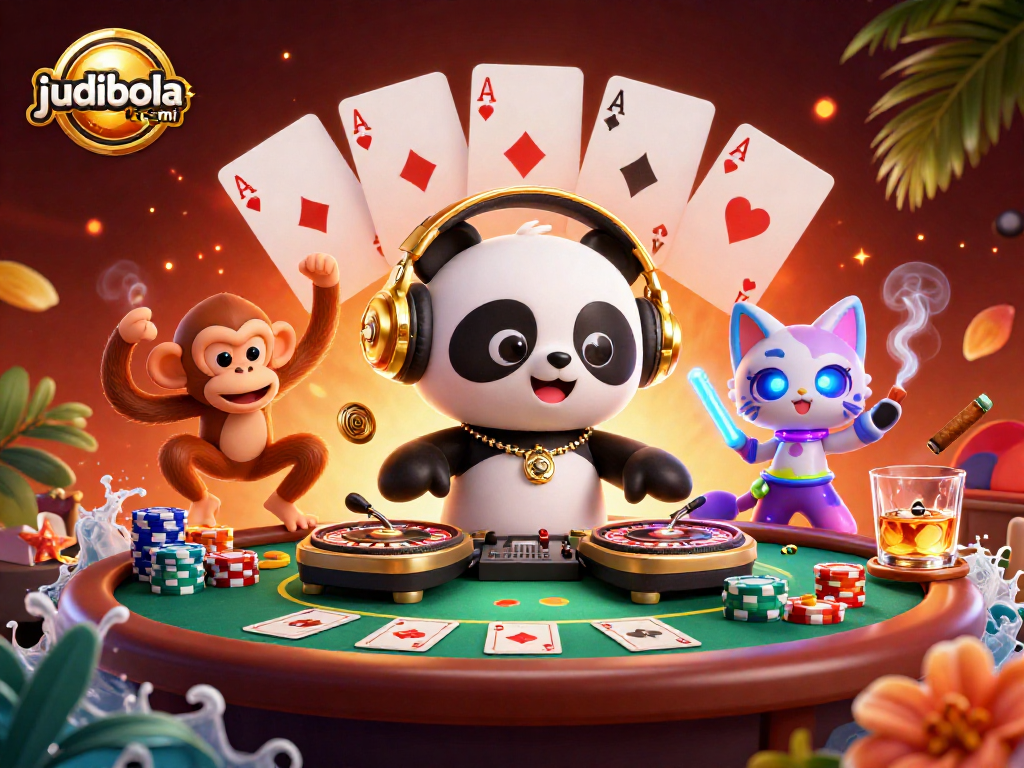 Engage in thrilling betting with judibola-resmi as DJ panda spins and characters celebrate in vibrant colors.