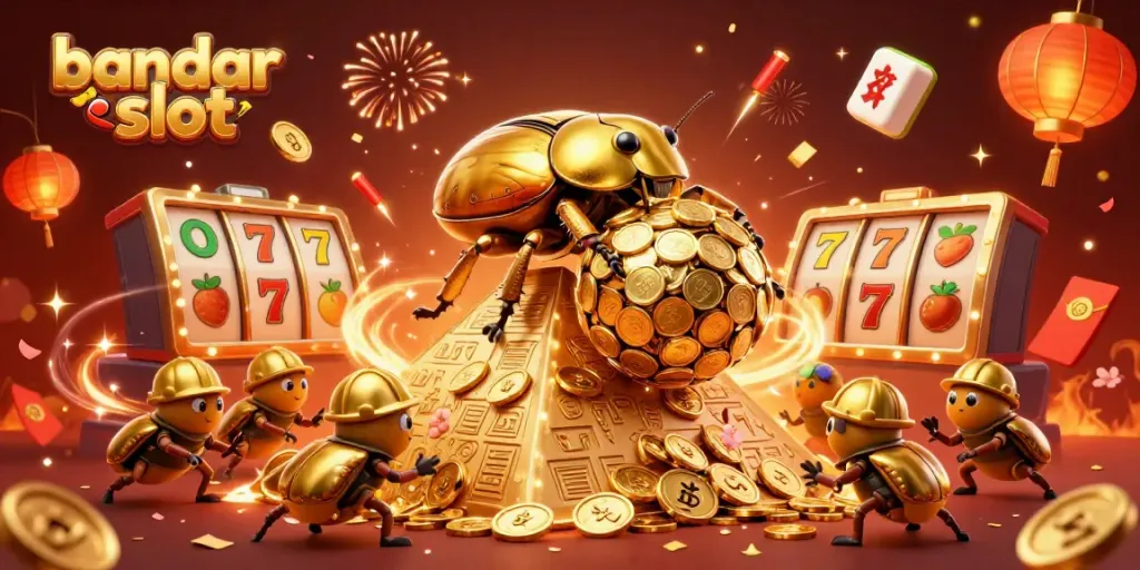 Experience the excitement of bandar slot with a vibrant 3D illustration of golden beetles rolling coins and dynamic casino symbols.