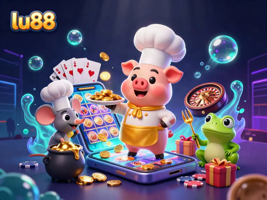 Experience the thrill of lu88 with vibrant casino games, coins, and colorful characters in an animated scene.