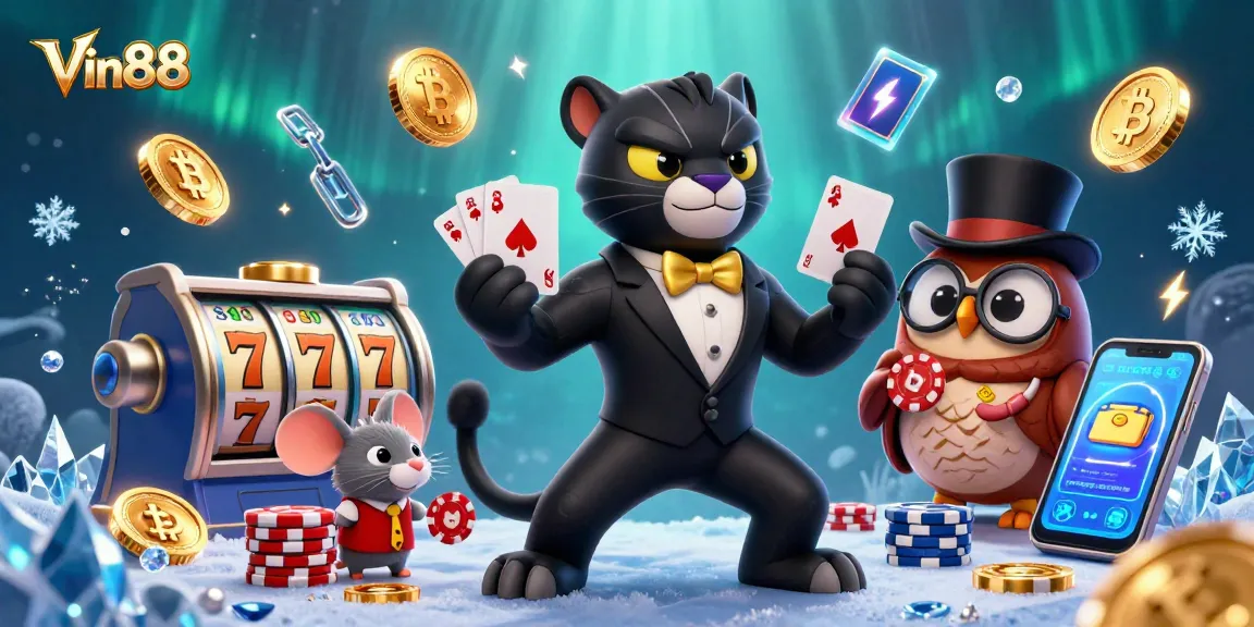 Engage with Vin88's thrilling slots environment featuring a stylish panther, owl, and lucky mouse amidst vibrant game elements.