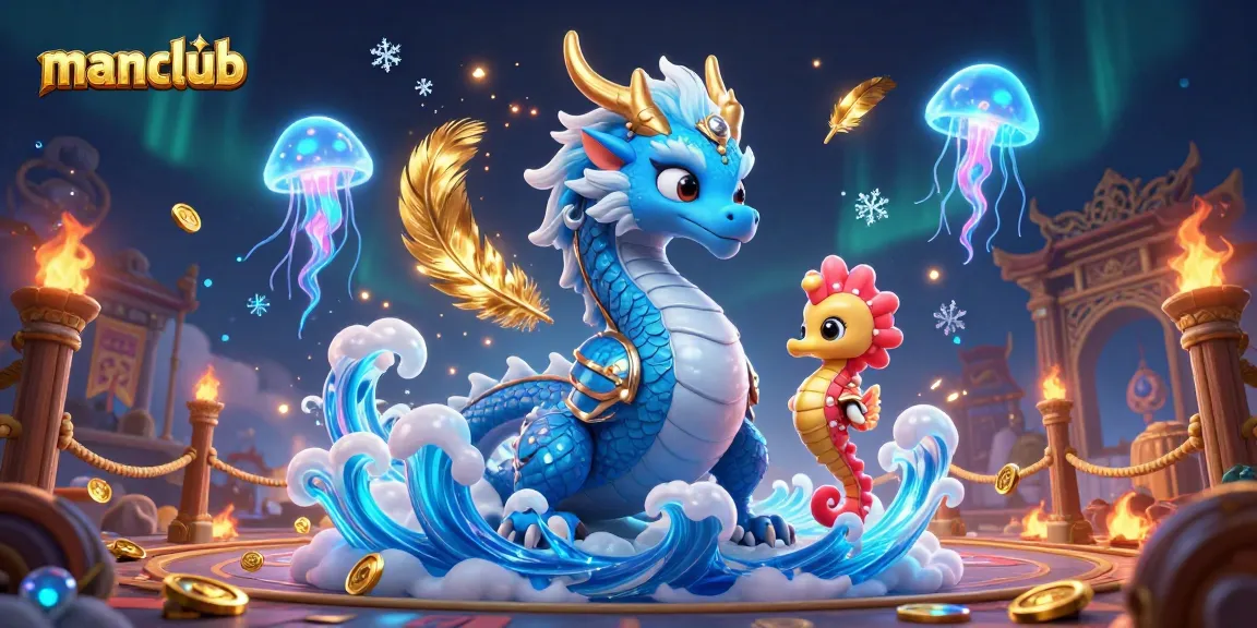 Engage with manclub's dynamic gaming experience featuring a vibrant dragon and festive casino elements.