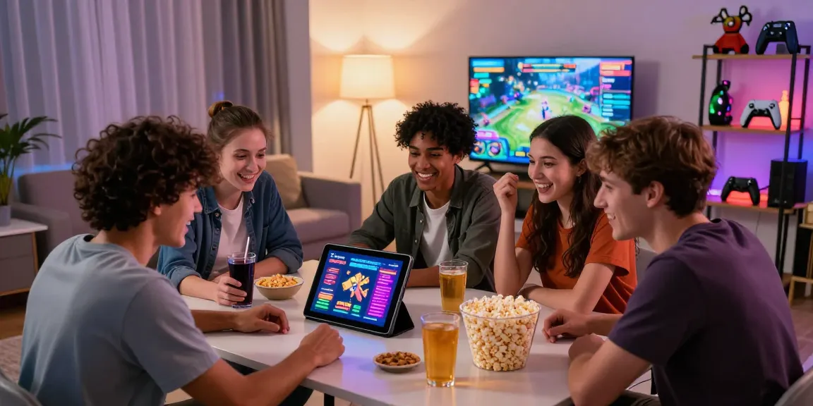 Group of friends enjoying situs judi slot online game night in a cozy living room.