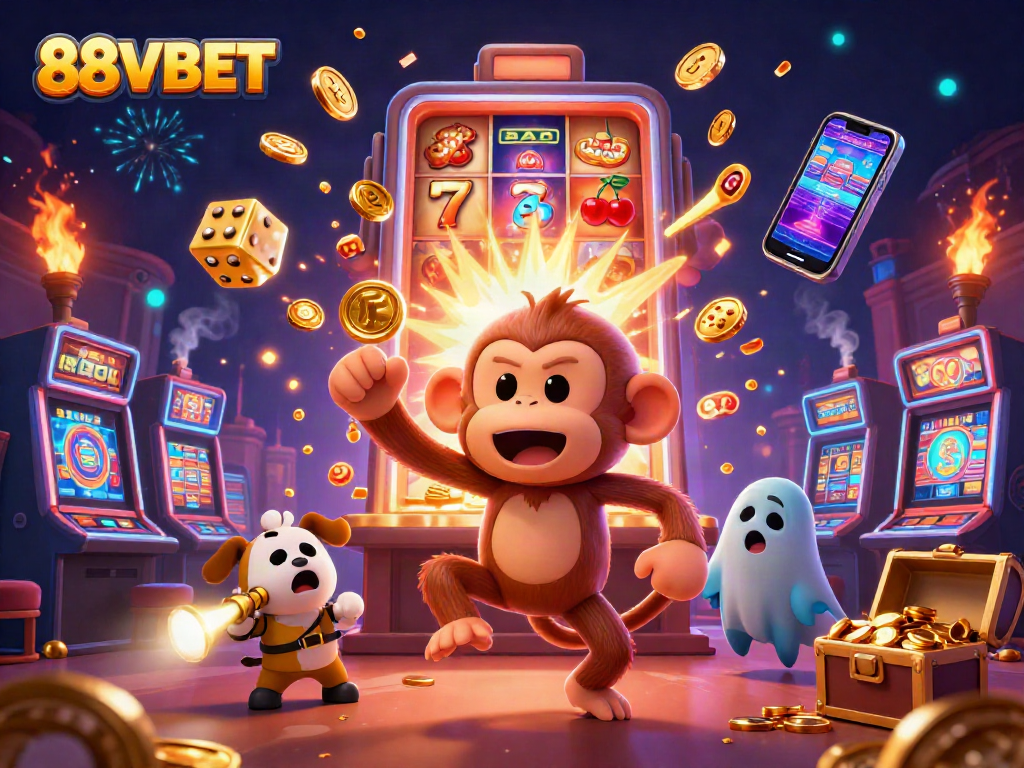 Experience the thrill of 88VBET as a playful monkey juggles coins in a buzzing casino atmosphere.