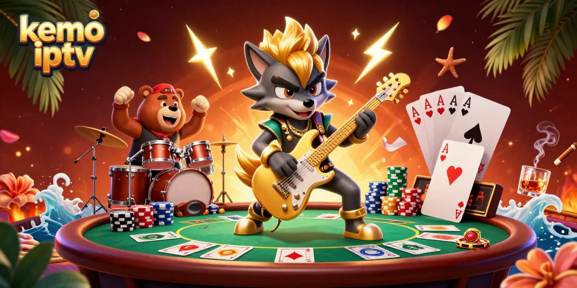 Watch kemo iptv's vibrant casino scene featuring a rock star wolf and drummer bear, alive with poker elements.