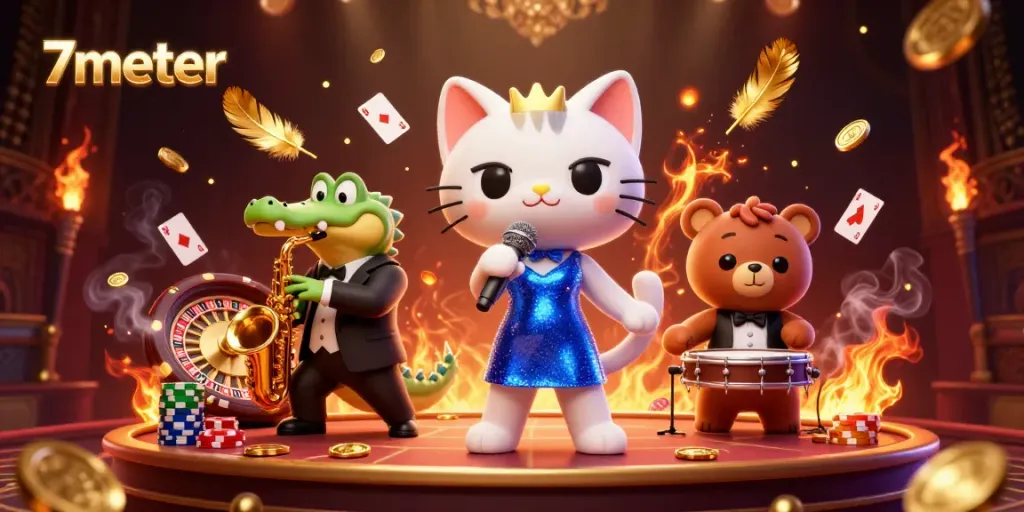 Bet on excitement with 7meter, featuring vibrant cartoon characters in a casino scene.