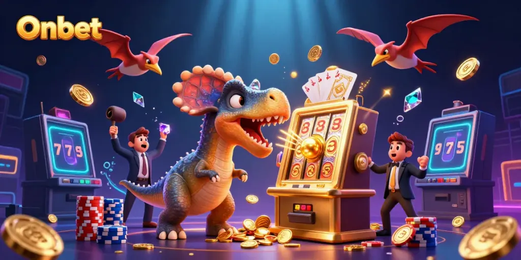 Onbet showcases a thrilling 3D scene of winning jackpot coins as characters engage in casino action.