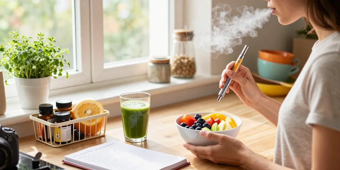 muha meds disposable in a wellness-focused morning kitchen scene with CBD oil and fresh ingredients