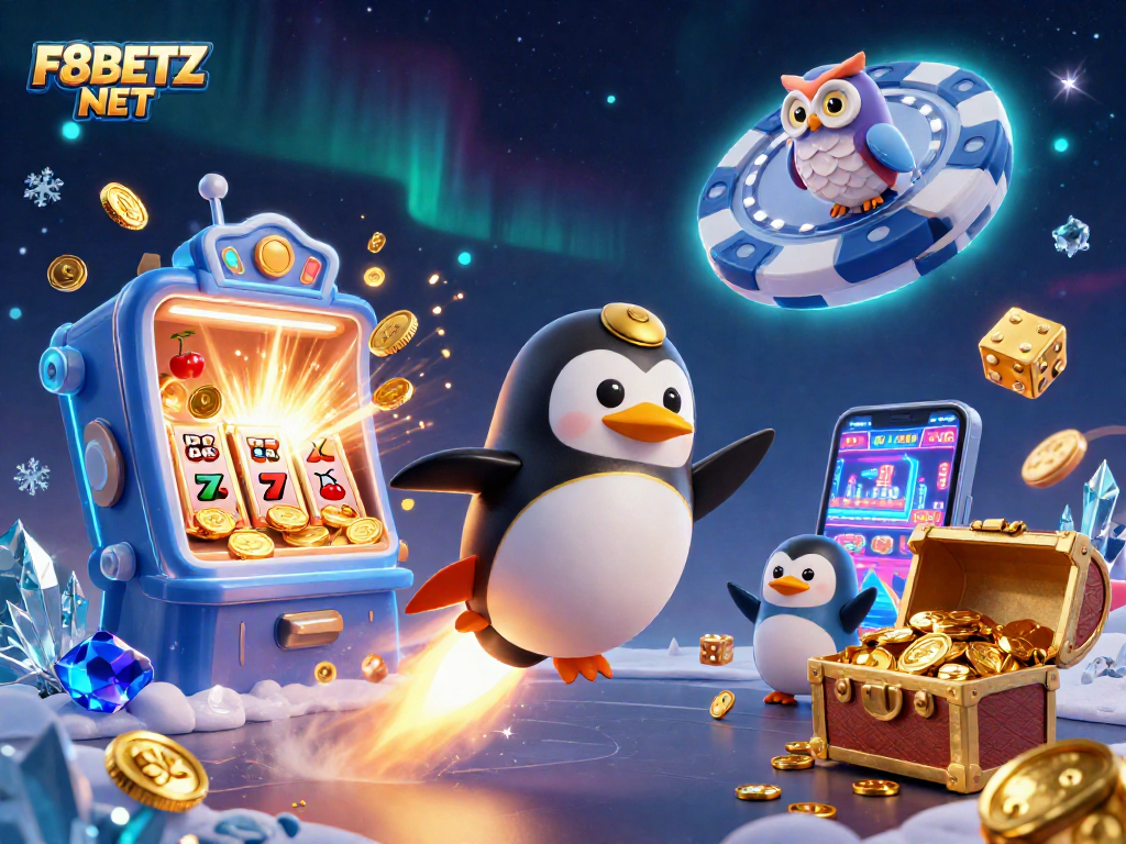 Experience F8BETZ NET's thrilling adventures with a golden penguin entering a poker chip casino.