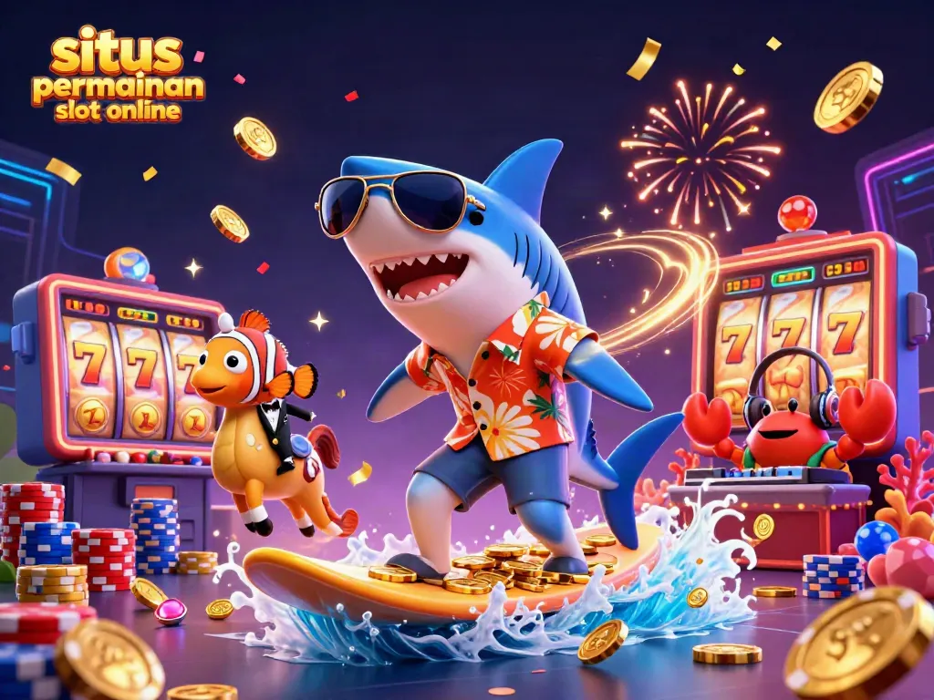 Permainan situs permainan slot online menampilkan ikan hiu kartun dan karakter kasino lainnya dengan kemewahan koin emas.