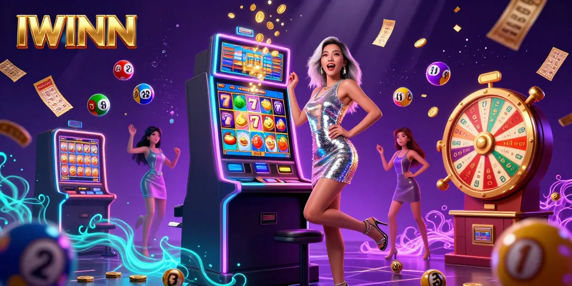 IWINN slots jackpot scene with an excited woman celebrating, showcasing colorful games and abundant prizes.