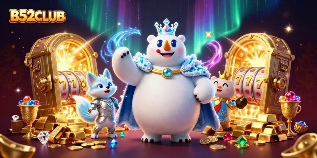 B52CLUB showcases a vibrant scene with an ice king polar bear and snow fox among casino treasures and slot elements.