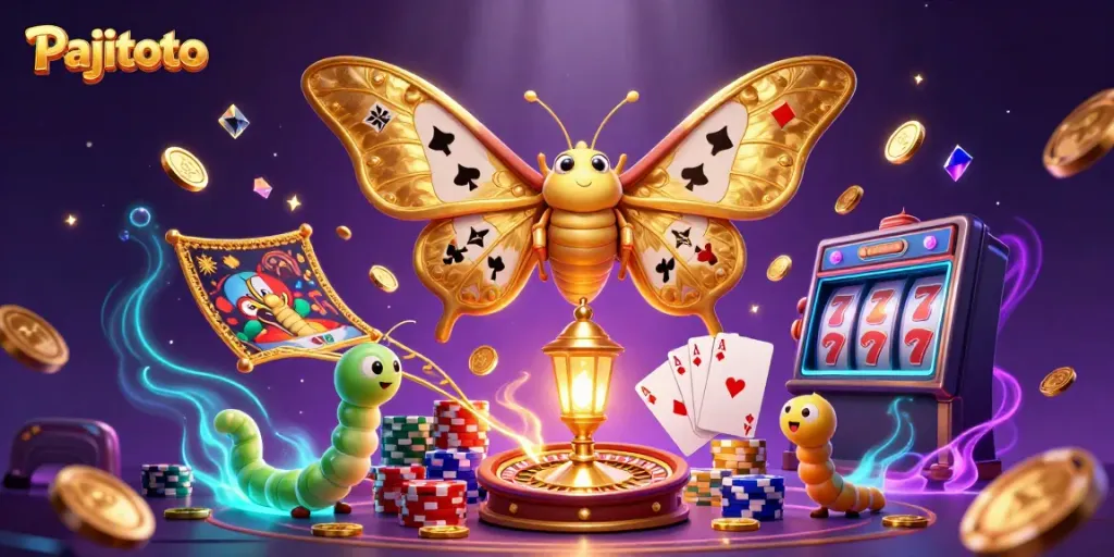 Pajitoto showcases a vibrant dynamic casino scene with golden moth, sparkling gems, and playing cards.
