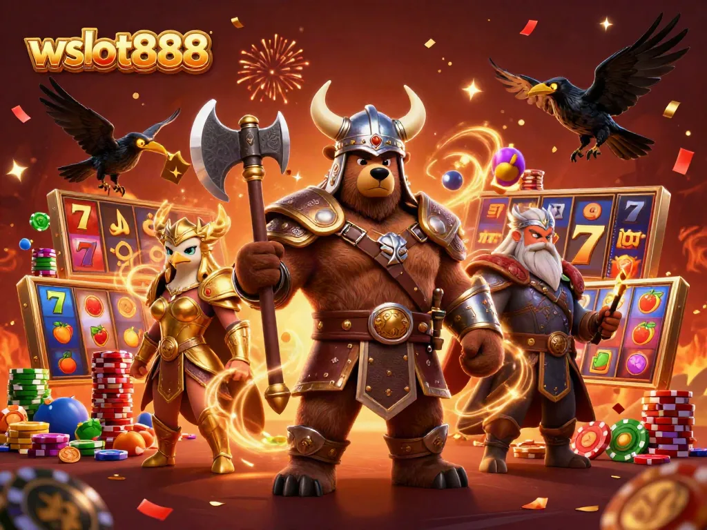 Putaran slot wslot888 dengan karakter Viking dan burung Valkyrie yang sedang merayakan jackpot di kasino