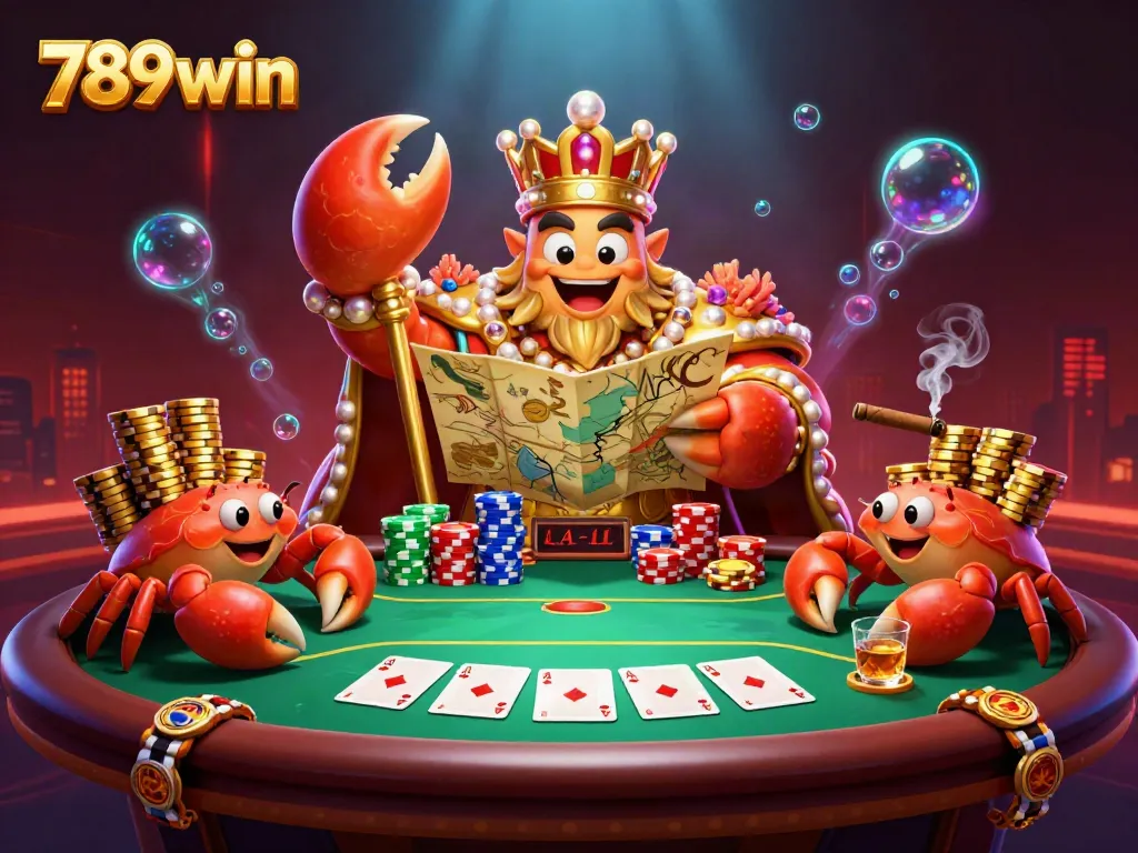 Join the thrilling world of 789win with a regal crab emperor, vibrant poker elements, and treasure hunting excitement.