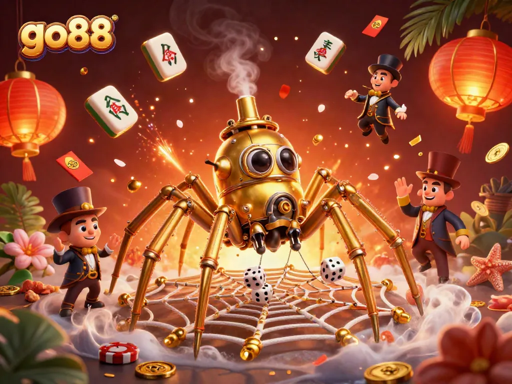 Catch luck and win big with go88's vibrant gaming; a spider ensnares dice in a casino-themed scene.
