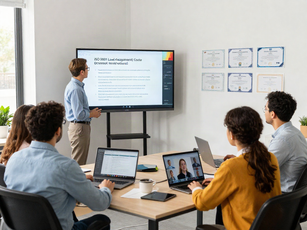 ISO 9001 Lead Auditor Course training session with diverse learners engaged in online collaboration.