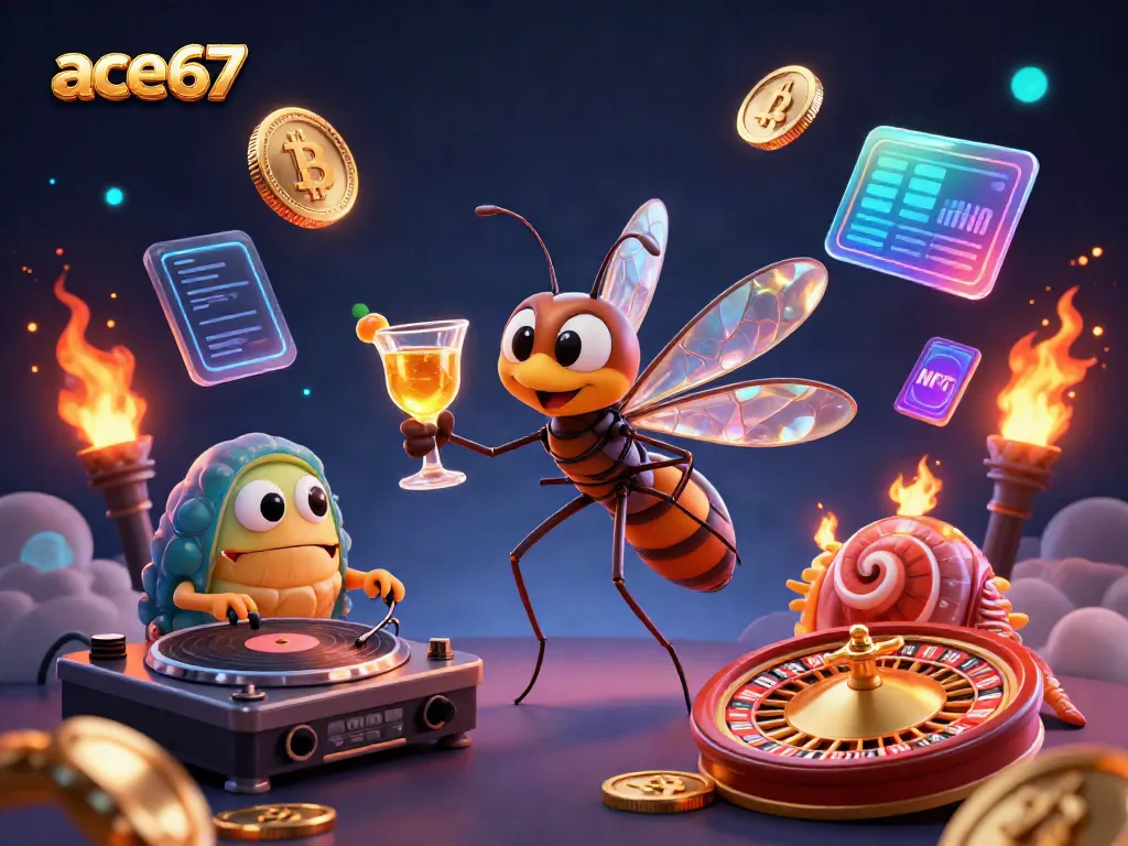 Experience the thrilling ace67 casino scene with a vibrant 3D illustration featuring unique elements like crypto coins and a roulette wheel.
