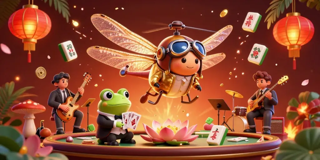Experience the excitement of gacor123 gaming with a dynamic 3D scene of a dragonfly pilot and frog dealer.