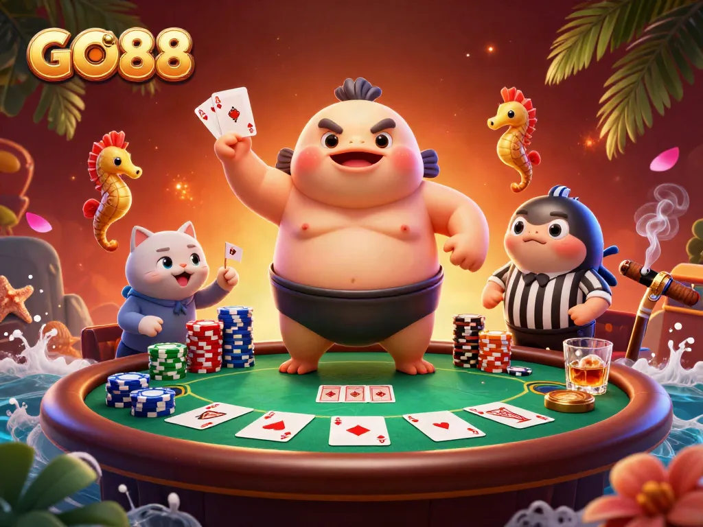 Experience the excitement of GO88 with colorful characters and dynamic poker gameplay in a vibrant underwater setting.