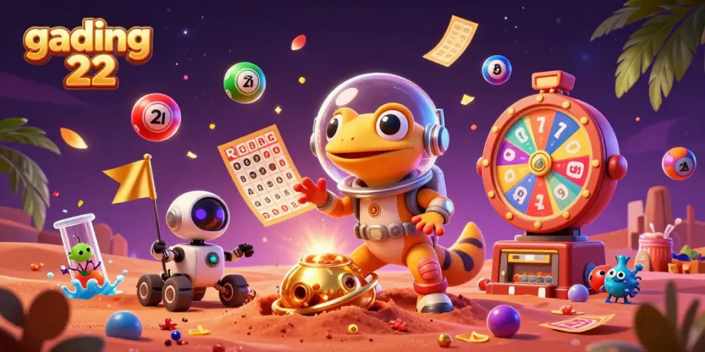 Experience gading 22 with a Martian gecko discovering a golden casino amidst colorful game elements.